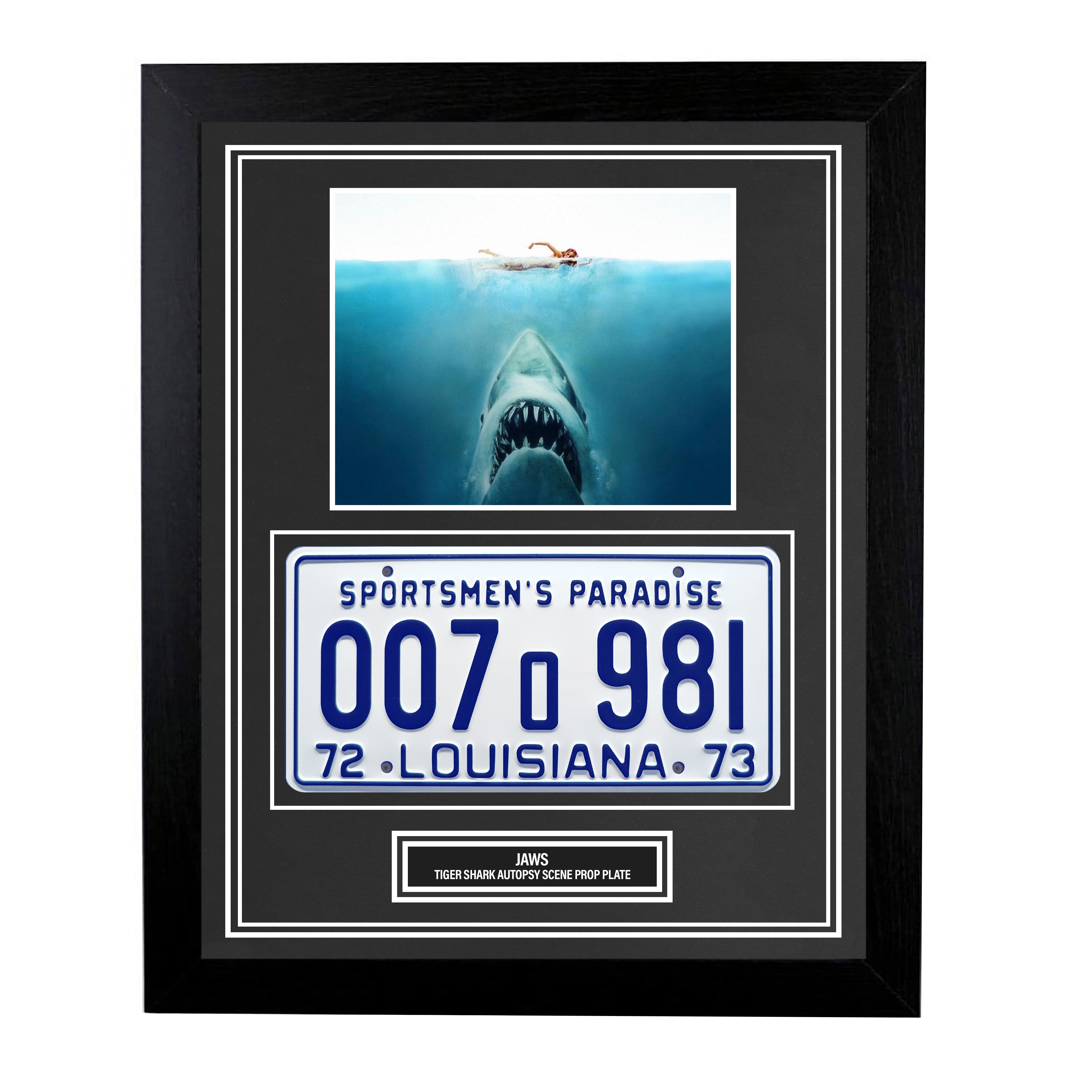 Jaws Custom Framed Tiger Shark Louisiana License Plate Prop Wall
