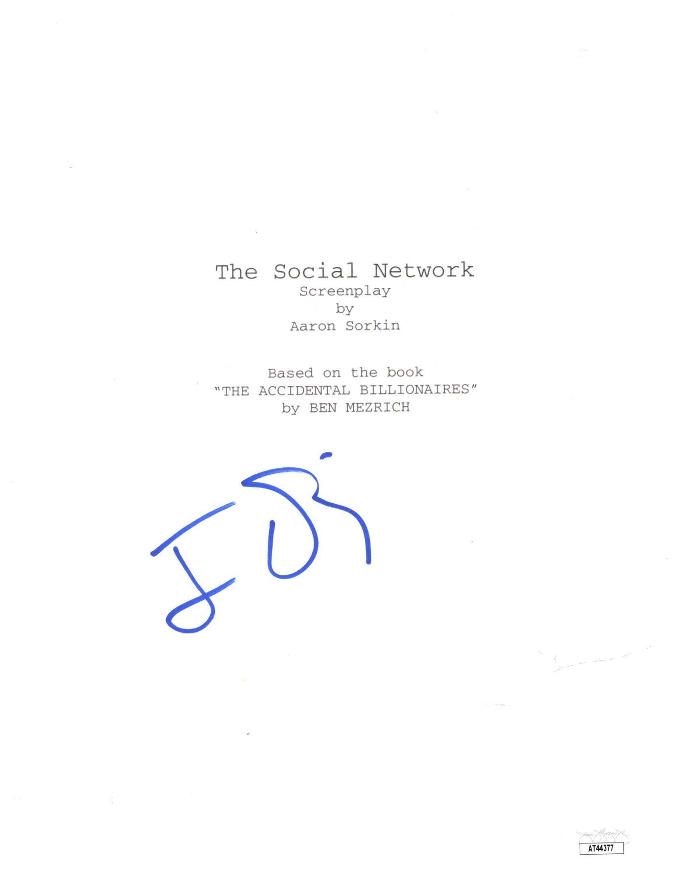 Jesse Eisenberg Signed The Social Network Movie Script Cover Autographed JSA COA