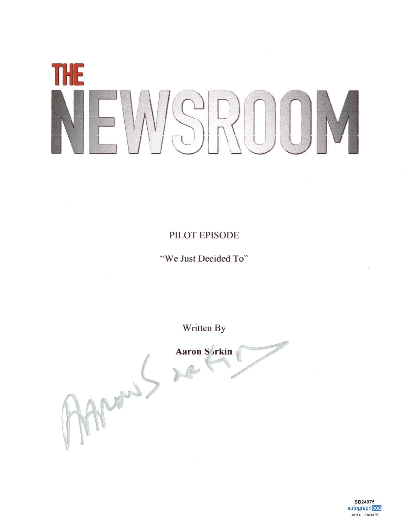 Aaron Sorkin Signed The Newsroom Script Cover Autographed ACOA