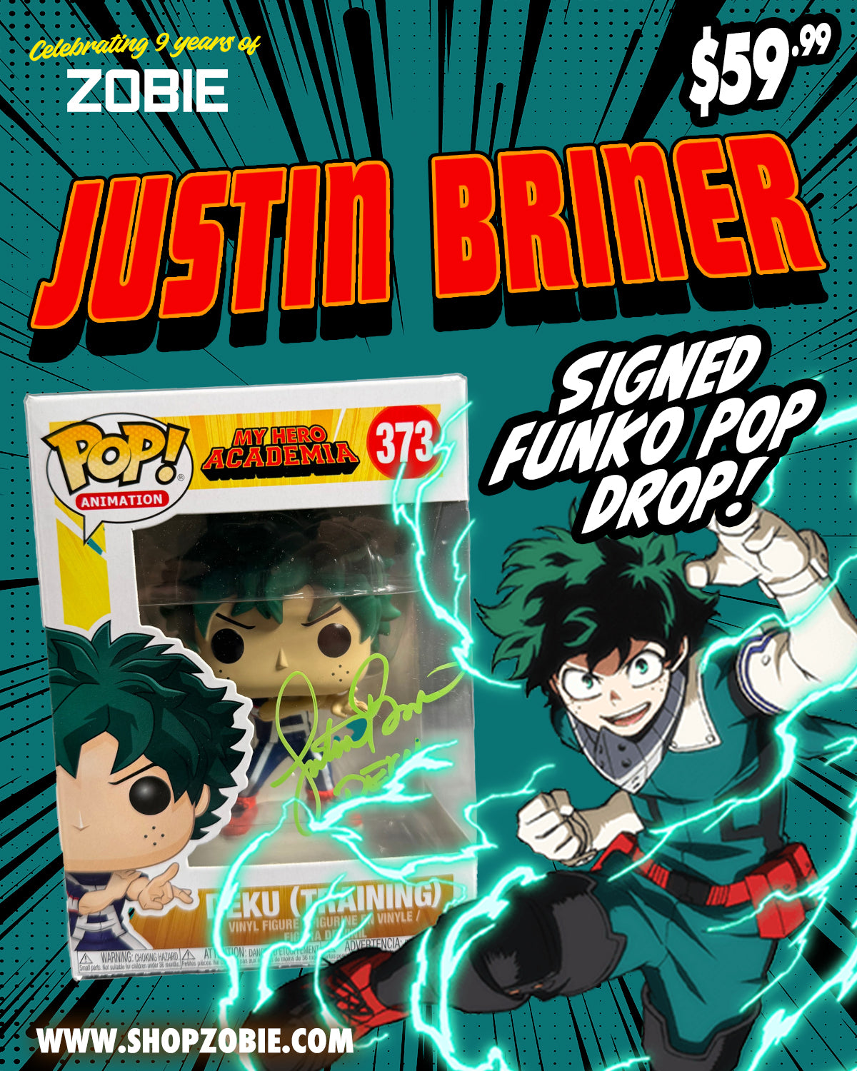 SPECIAL Justin Briner Signed Funko Pop My Hero Academia Deku #373 Autographed JSA COA