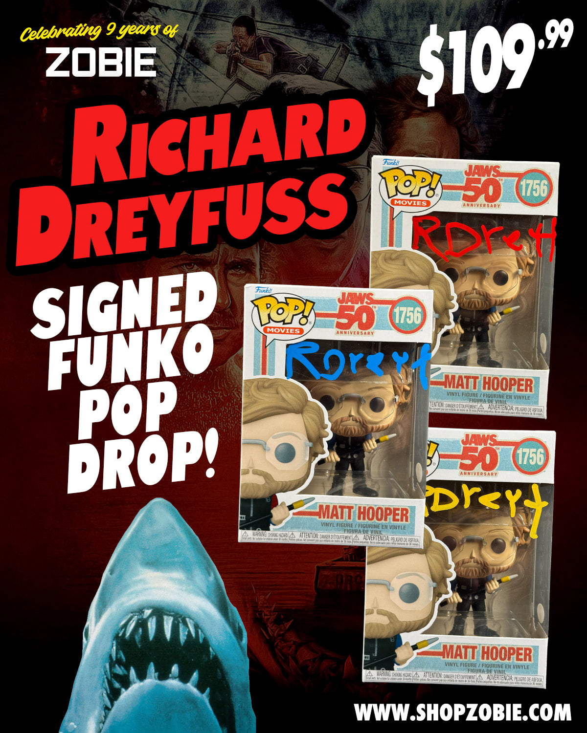 SPECIAL Richard Dreyfuss Signed Jaws Matt Hooper Funko Pop Drop