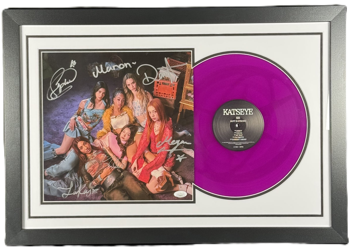 Katseye Signed Full Group Custom Framed Vinyl Debut Gnarly Autographed JSA COA