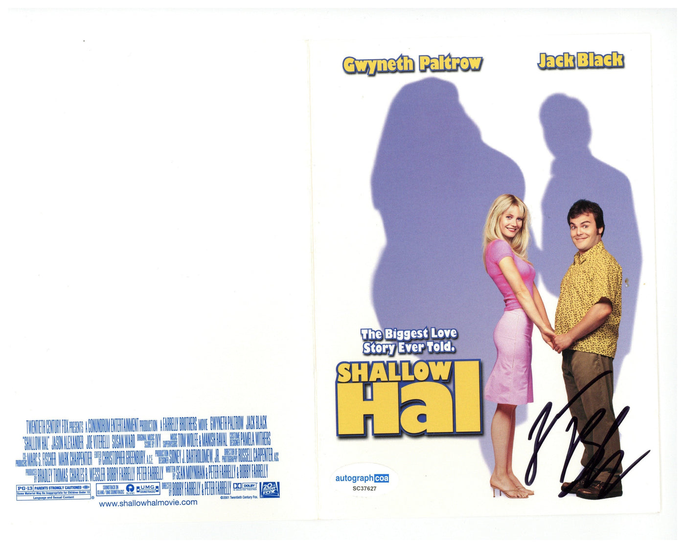 Jack Black Signed Shallow Hal Promotional Card Authentic Autographed ACOA