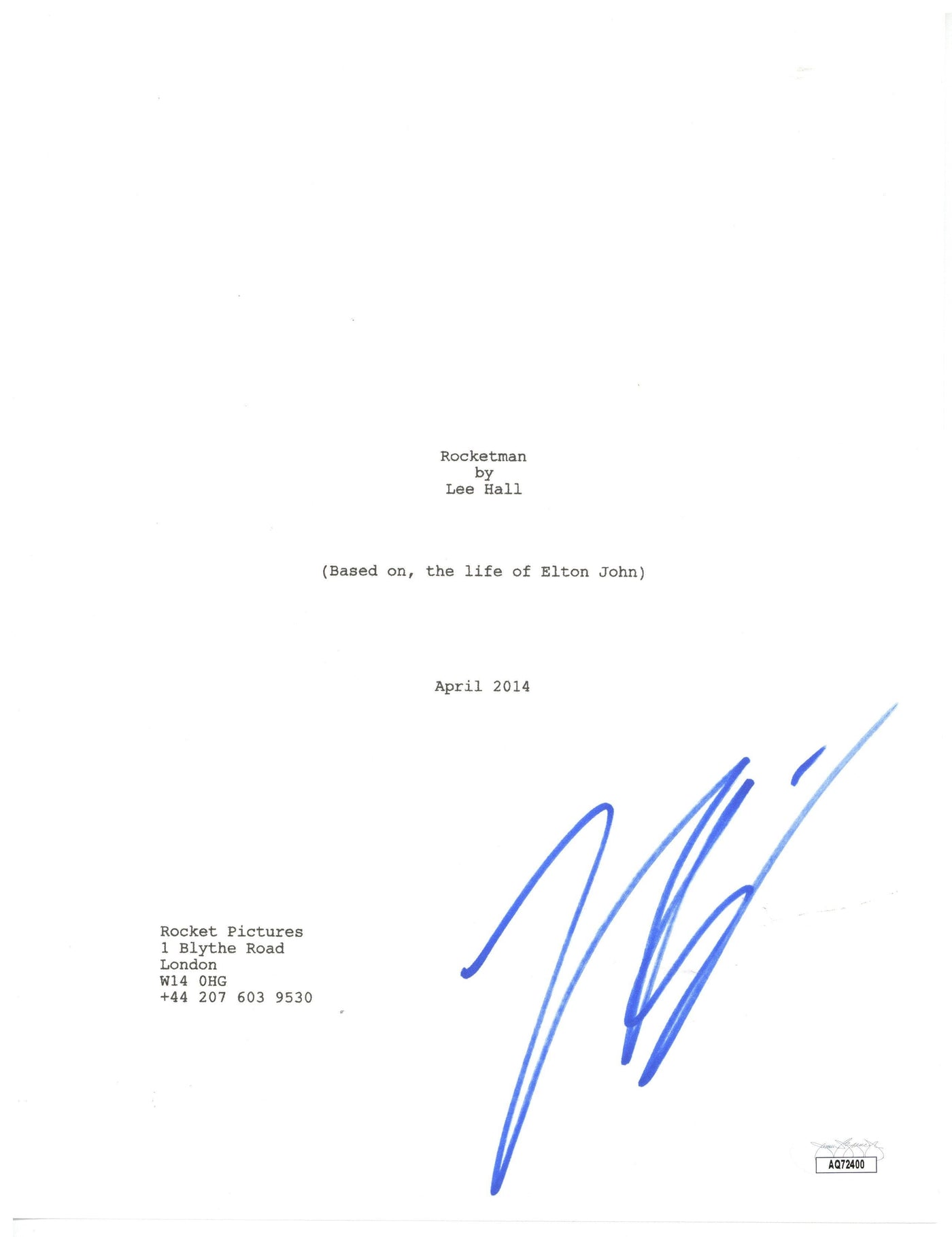 Jamie Bell Signed Rocketman Movie Script Cover Autographed JSA COA