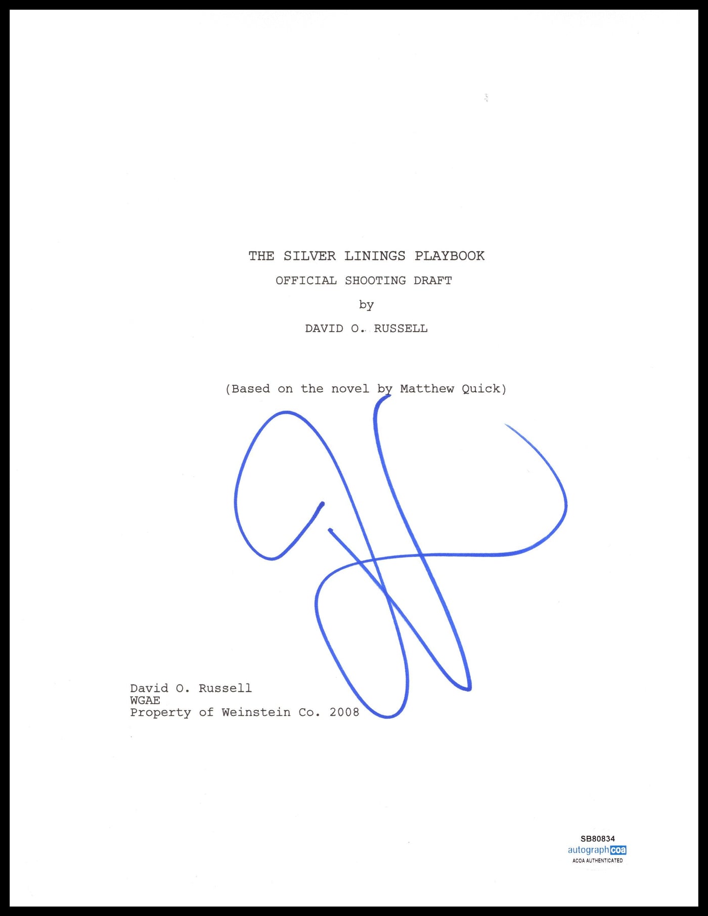 Jennifer Lawrence Signed The Silver Linings Playbook Script Cover AutographCOA