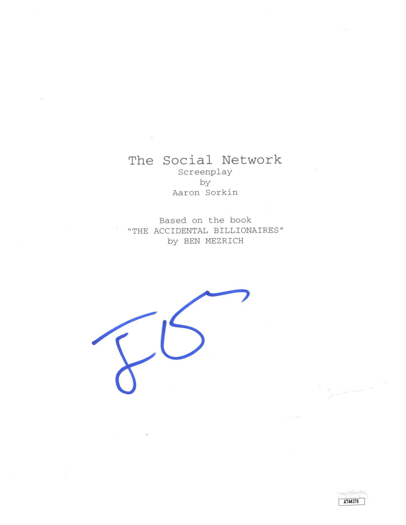 Jesse Eisenberg Signed The Social Network Movie Script Cover Autographed JSA COA