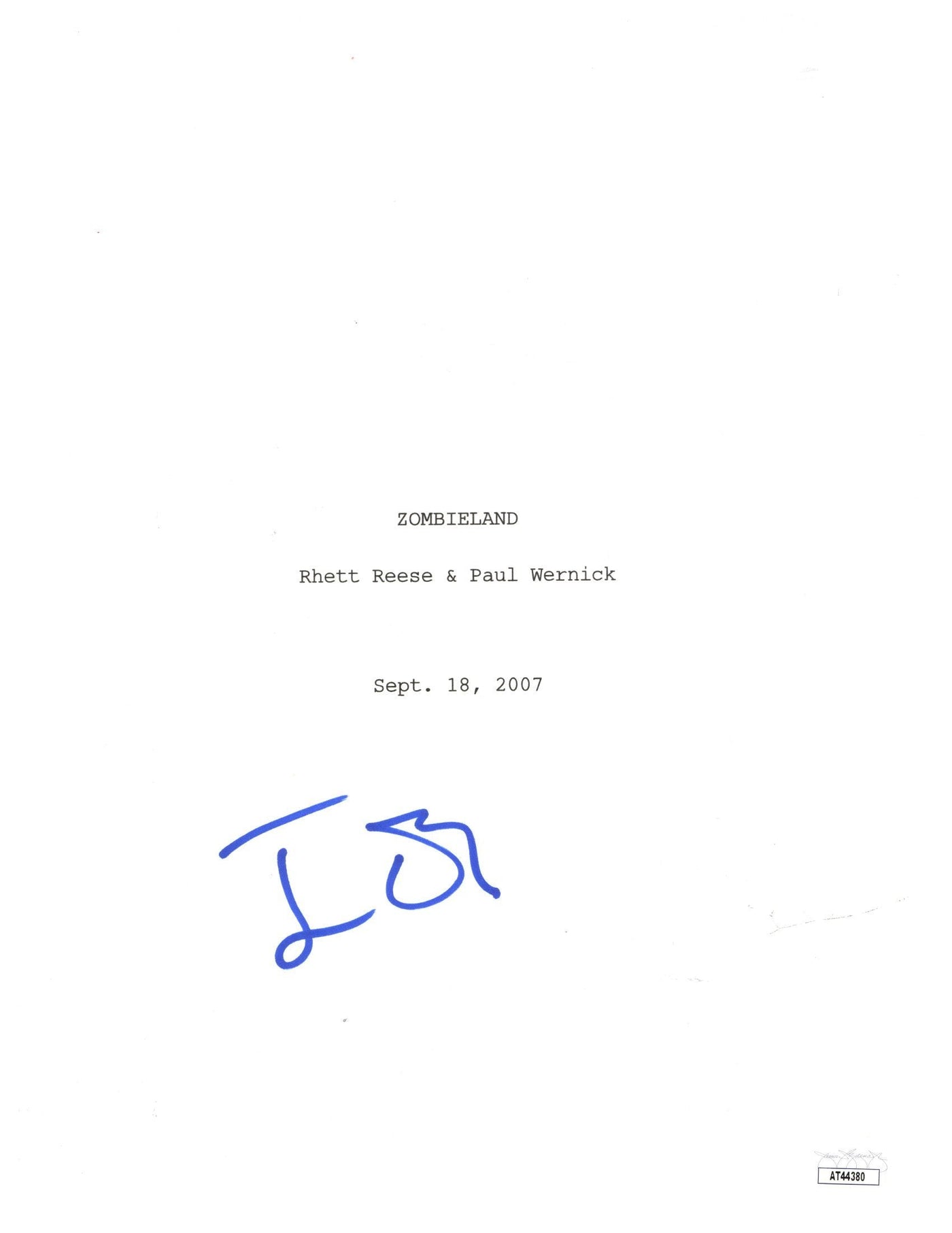 Jesse Eisenberg Signed Zombieland Movie Script Cover Autographed JSA COA