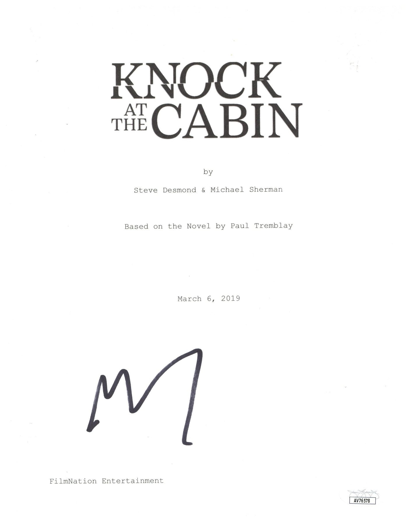 M Night Shyamalan Signed 8.5x11 Movie Script Cover Knock at the Cabin Autographed JSA