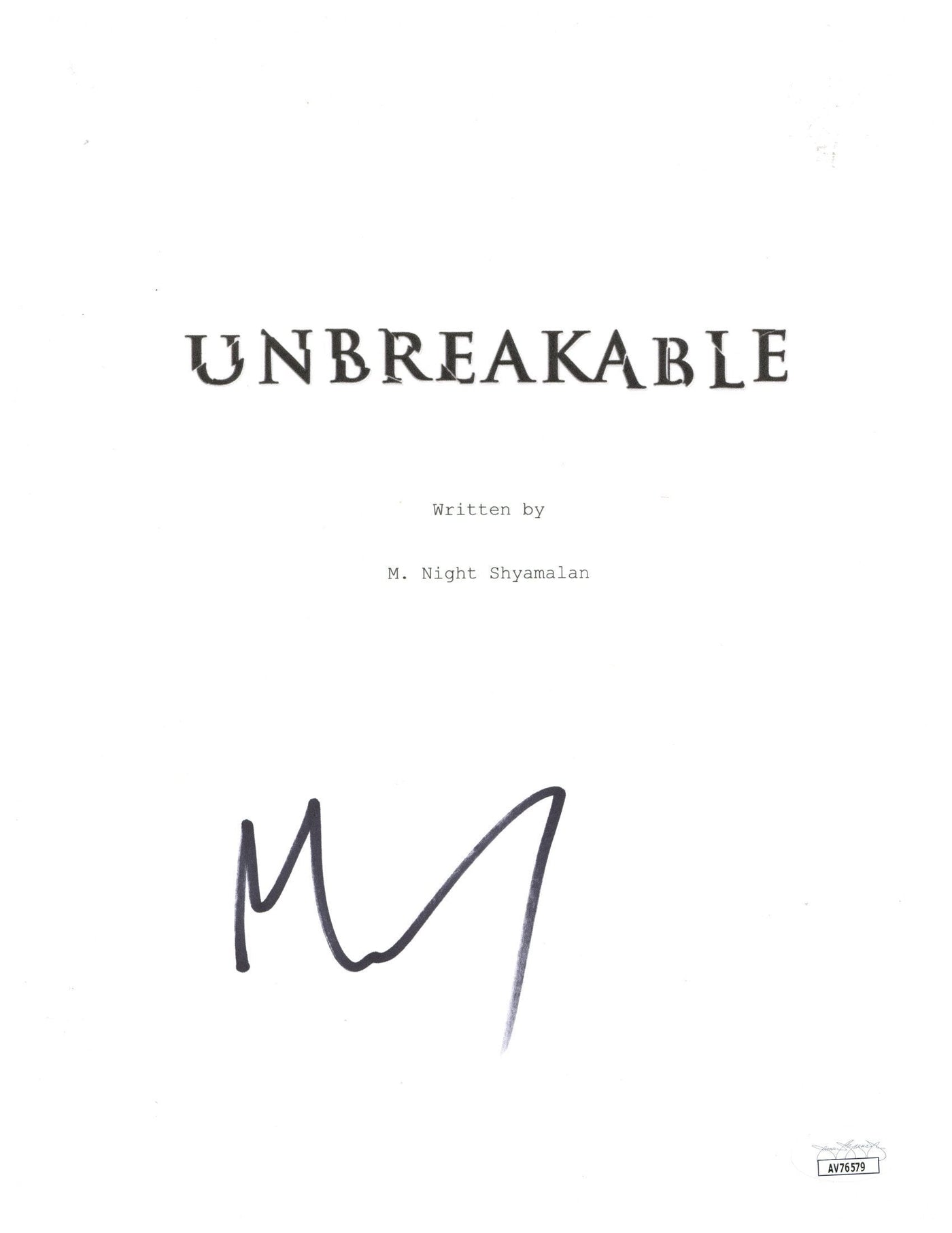 M Night Shyamalan Signed 8.5x11 Movie Script Cover Unbreakable Autographed JSA COA