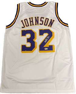 Image of Magic Johnson Signed White Los Angeles Pro Style Jersey BAS COA