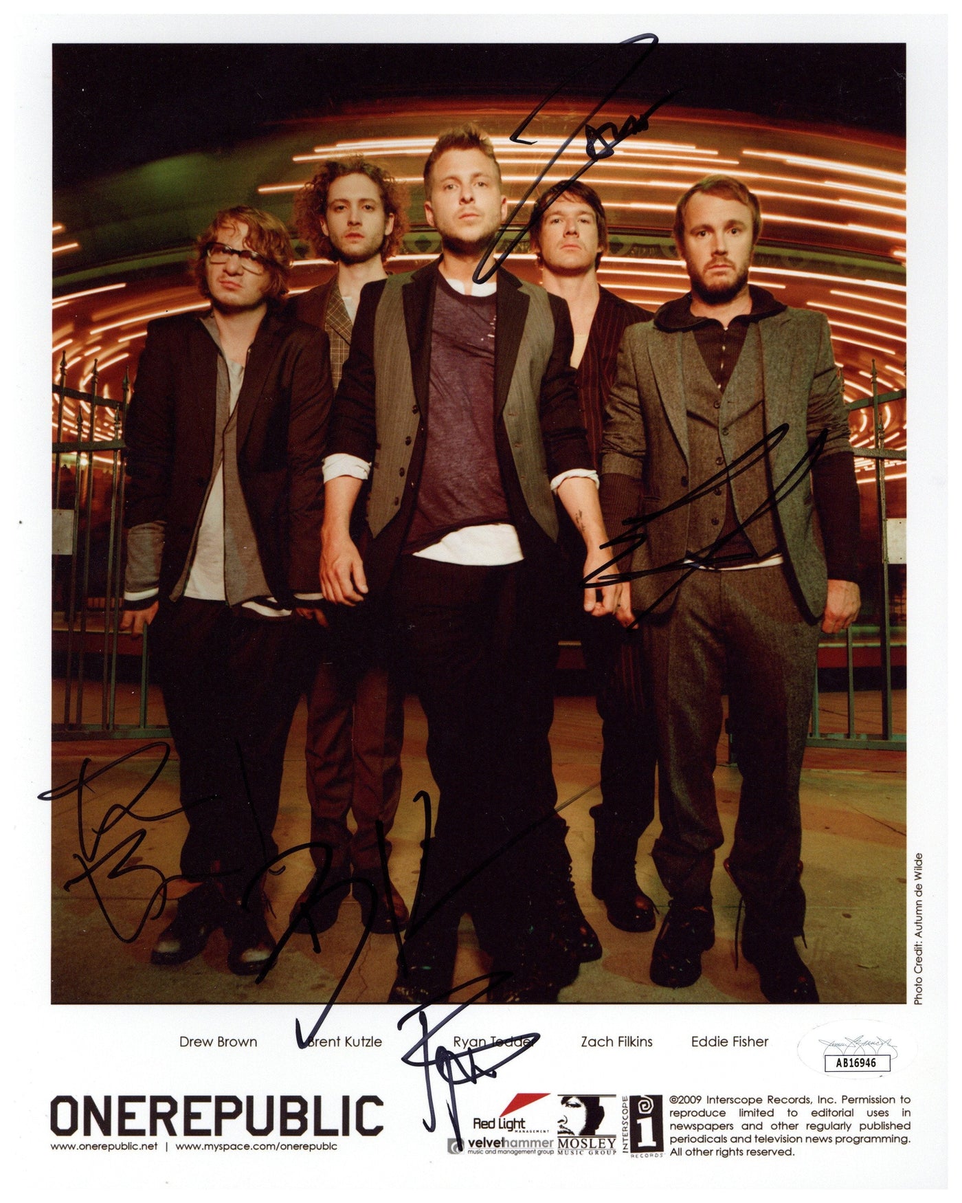 ONEREPUBLIC Signed 8x10 Photo Music Autographed JSA COA