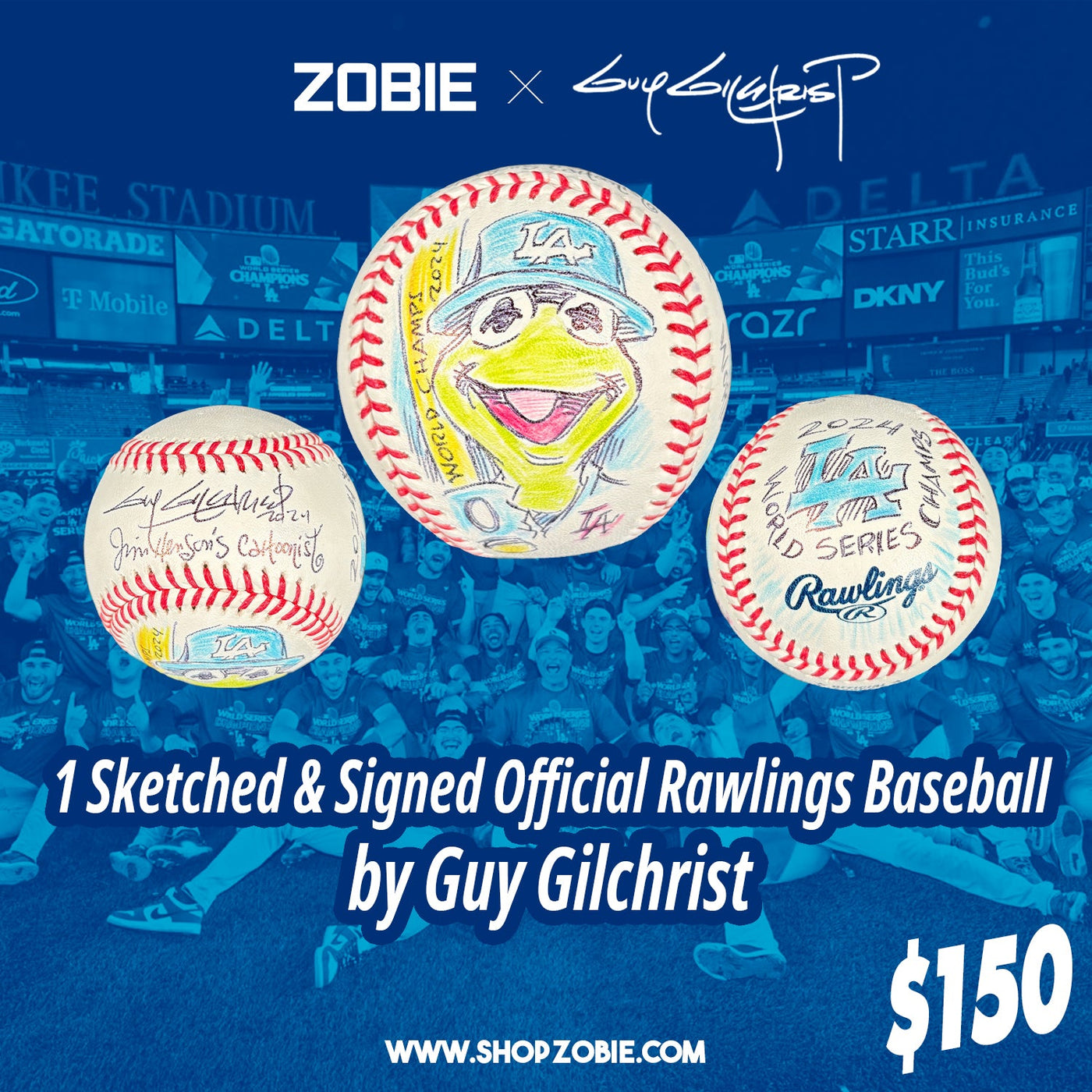 SPECIAL Guy Gilchrist Signed & Sketched LA Dodgers World Series Champions & Kermit Official Rawlings Baseball