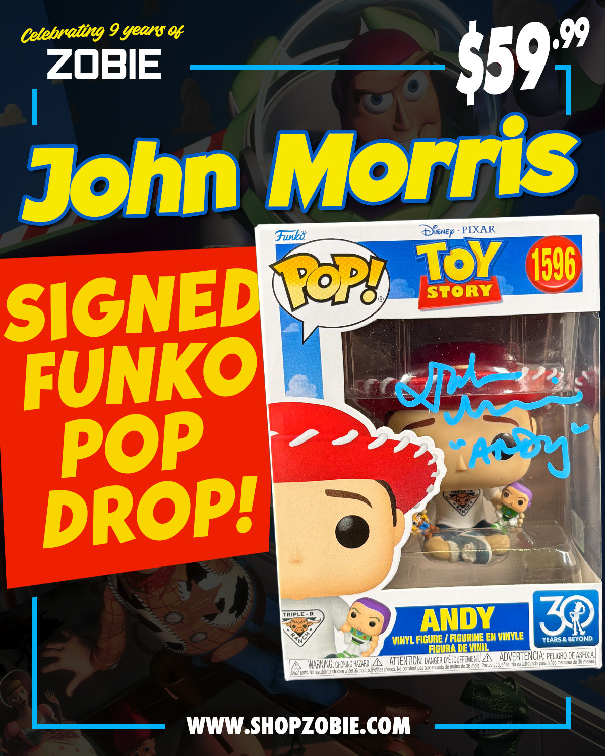 SPECIAL John Morris Signed Toy Story Andy Funko Pop Drop