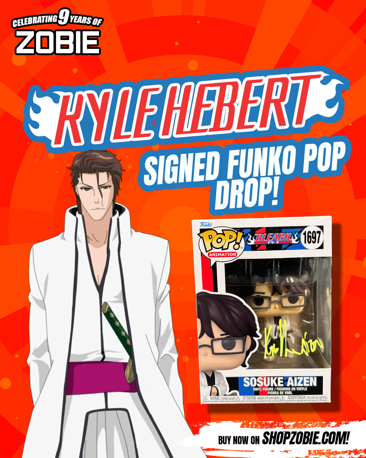 SPECIAL Kyle Hebert Signed Sousuke Aizen Funko Pop Drop