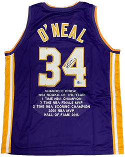 Image of Shaquille O'Neal Signed Purple Los Angeles Lakers Pro Style Stat Jersey BAS COA