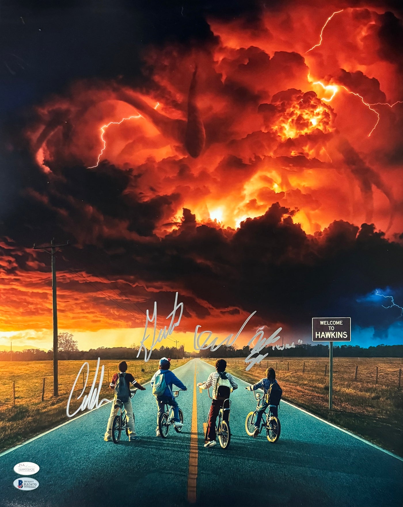 Stranger Things Cast Signed 16x20 Photo Dustin Mike Will and Lucas Autographed JSA 2
