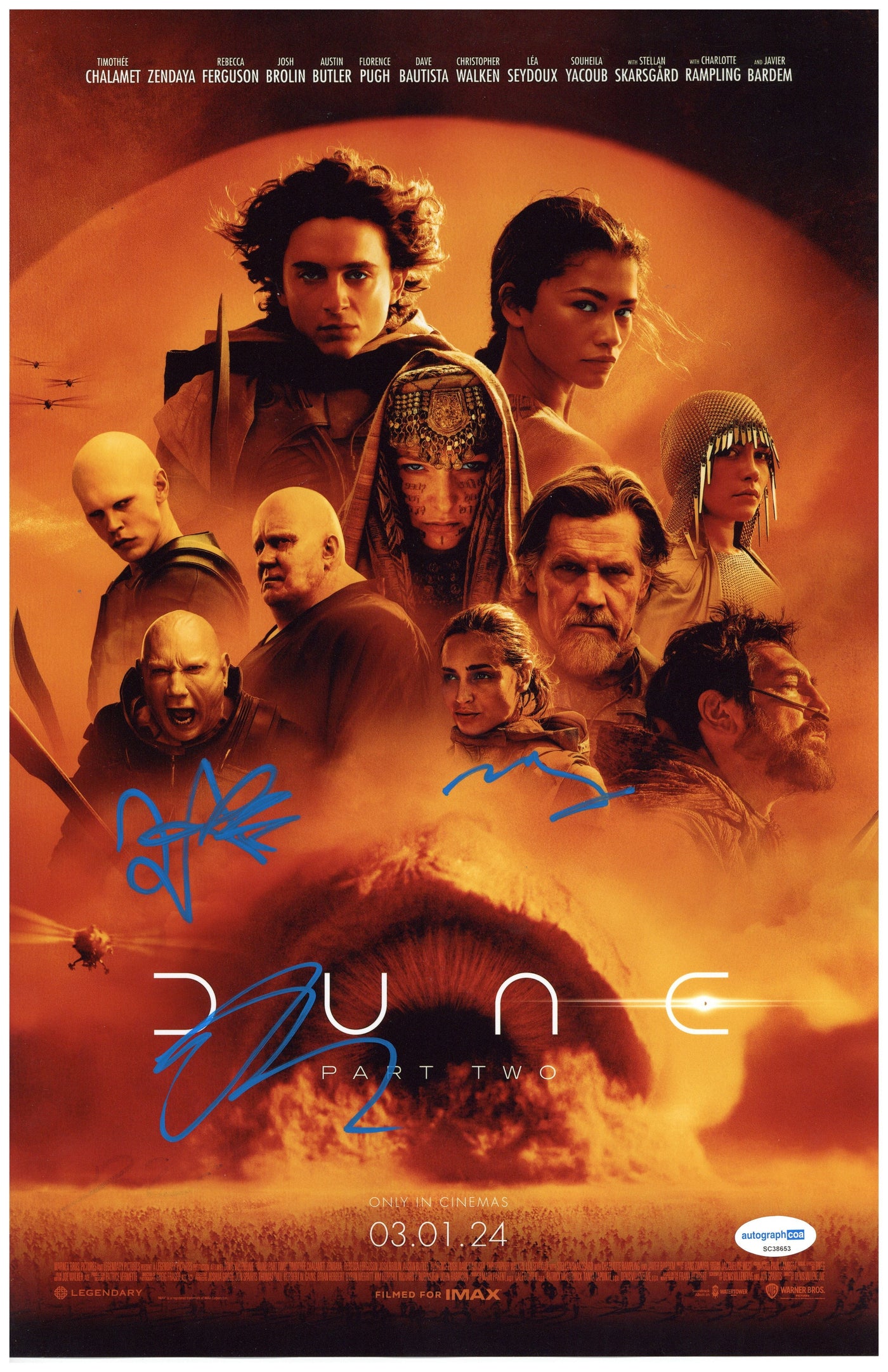 Timothee Chalamet, Austin Butler, Zendaya Signed 11x17 Dune Cast Photo AutographCOA