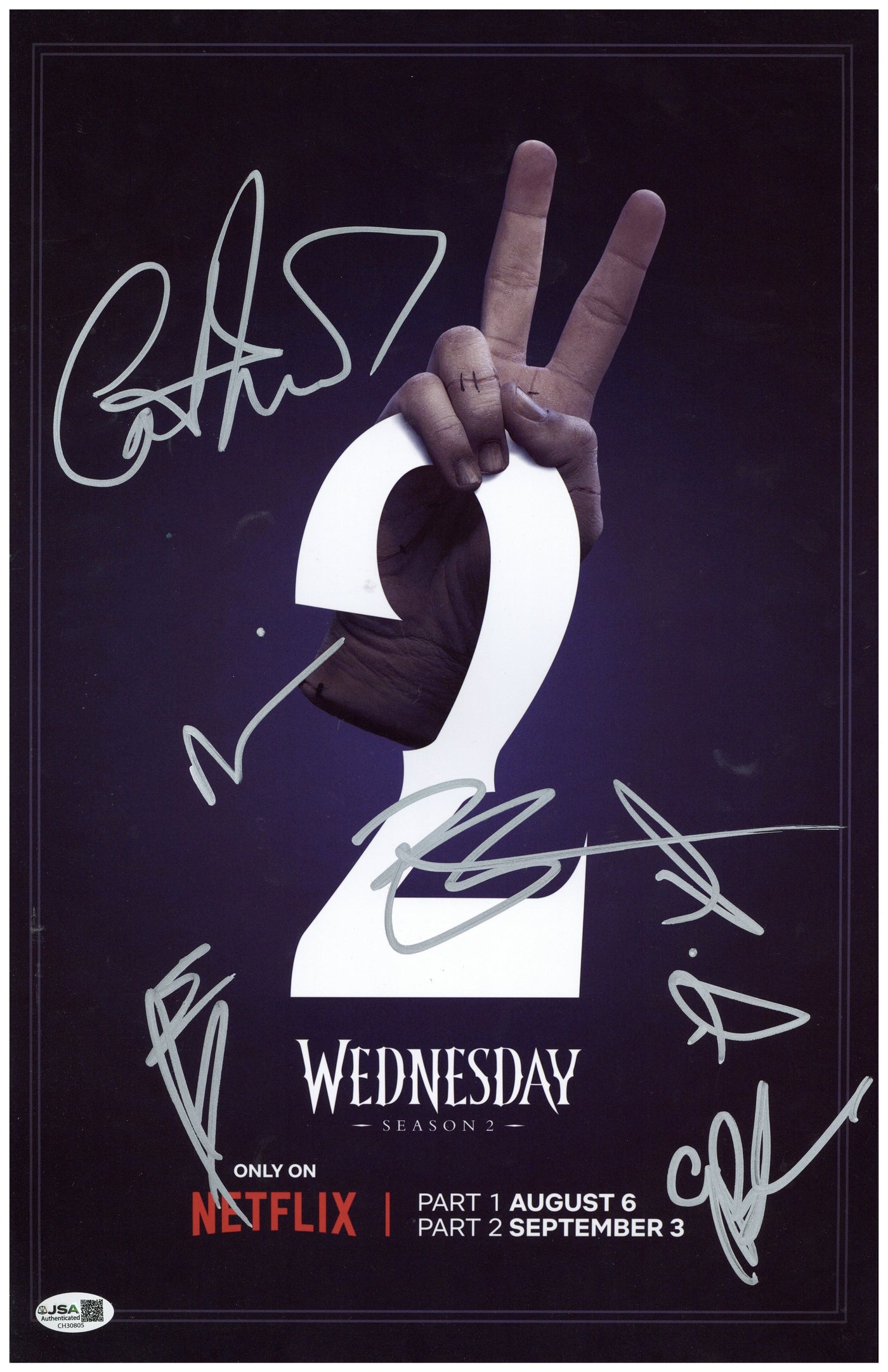 Wednesday Cast Signed 11x17 Photo Emma Myers Zeta-Jones Autographed JSA COA