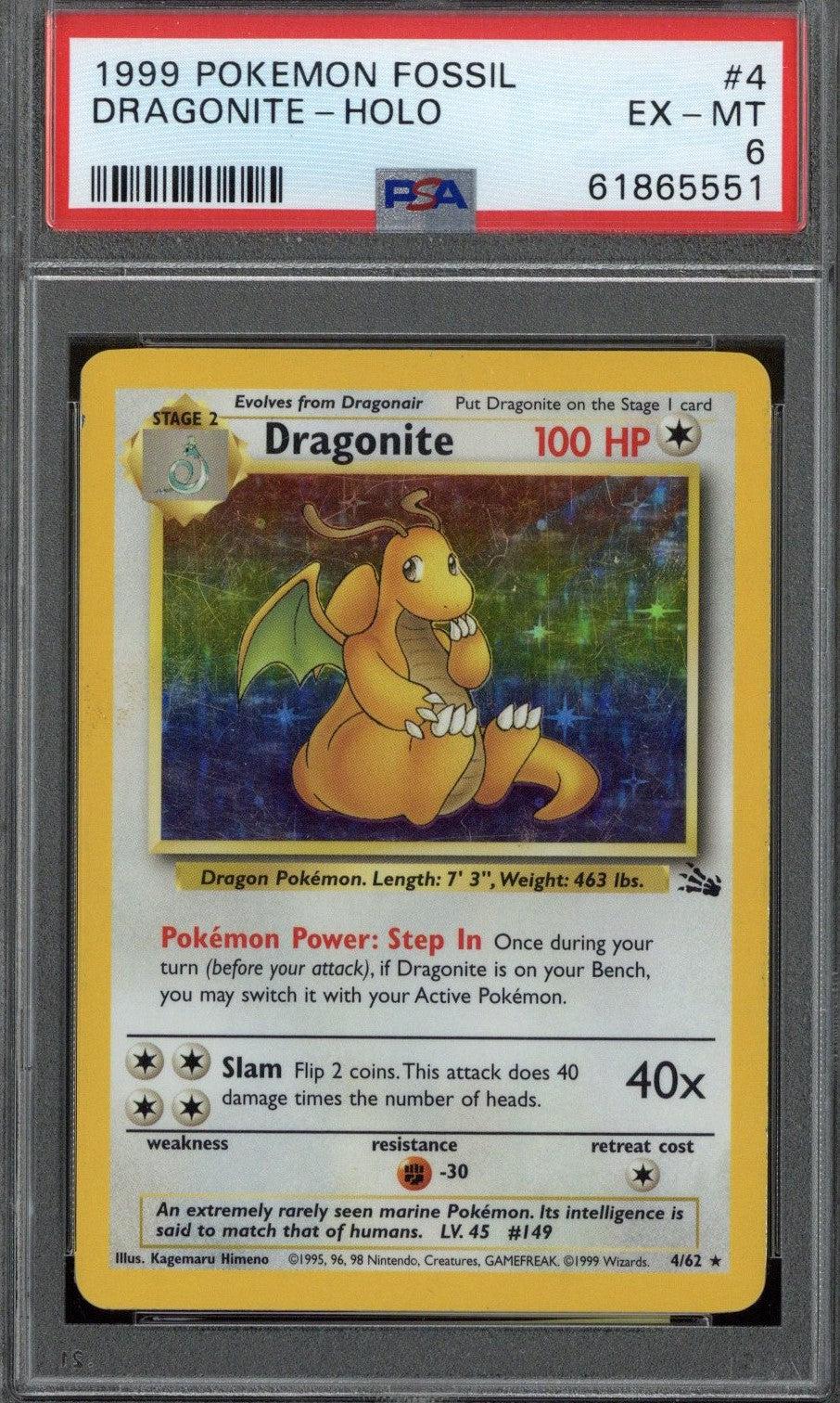 1999 Pokemon Fossil Dragonite - Hologram #4 PSA 6