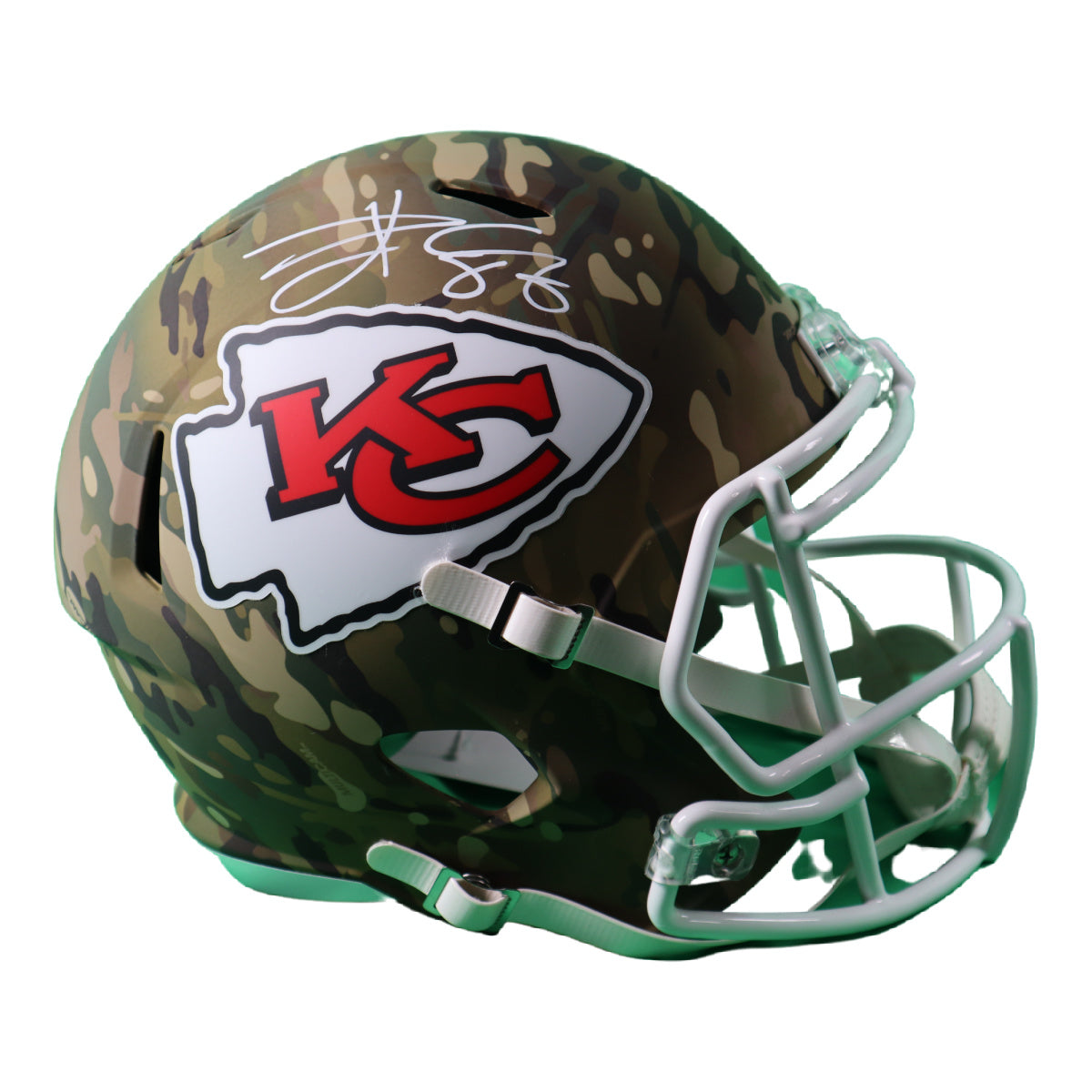 Travis Kelce Autographed Kansas City Chiefs F/S Camo Speed Rep Helmet Signed BAS